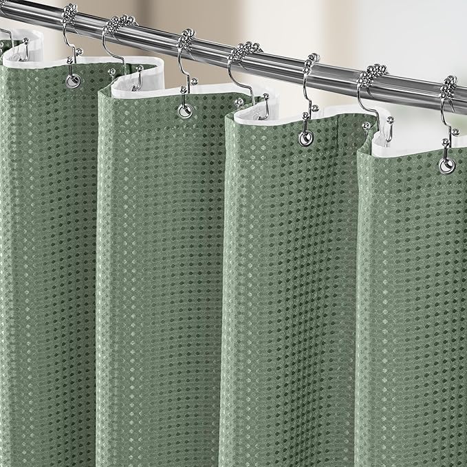 3 in 1 Shower Curtain Set, Waffle Shower Curtain and Liner Set with 12 Double Sided Shower Curtain Hooks, 258GSM Luxury Weighted Cloth Shower Curtains for Bathroom, 72 W x 84 H, Sage Green