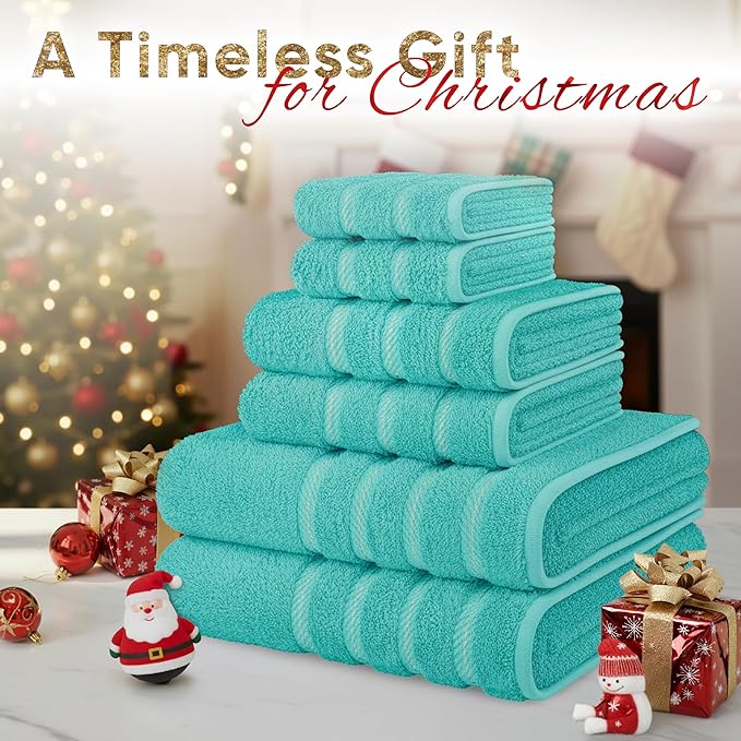 American Soft Linen Luxury 6 Piece Towel Set, 2 Bath Towels 2 Hand Towel 2 Washcloths, 600 GSM 100% Cotton Turkish Towels for Bathroom, Turquoise Blue Towel Sets