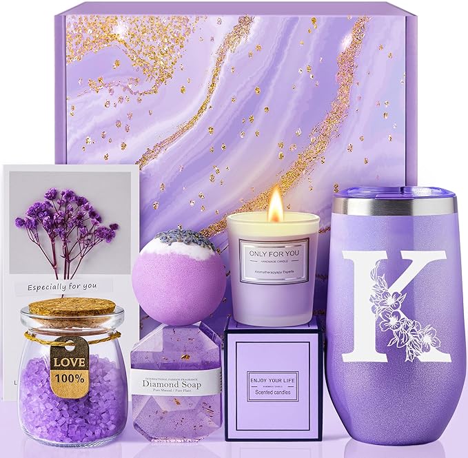 Gifts for Women, Mom, Wife, Girlfriend, Sister, Friends, Her - Unique Birthday, Christmas, Valentine's Day, Mothers Day Gifts - Initial Lavender Spa Gift Basket Set (K)
