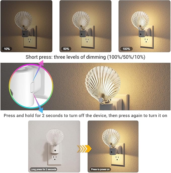 JandCase Night Light, Night Lights Plug into Wall, Dusk to Dawn Sensor Seashell Nightlights, 3000K Soft White Brightness Adjustable Nightlight for Kids Bedroom Hallway Kitchen