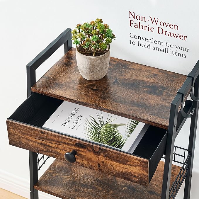 3-Tier Bathroom Ladder Shelf with Drawer, Bathroom Stand Floor Storage Shelf, Freestanding Tower Shelf Ladder Table for Living Room, Bedroom -Rustic Brown