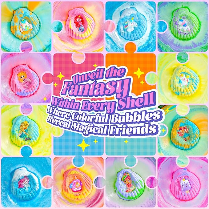 Shell Bath Bombs for Girls – 12 Pack Child-Safe Aromatherapy Bath Bombs with 20 Surprise Toys Inside, 6 Fruity Scents in 2 Gift Boxes (Mermaid & Unicorn Themes), Christmas Gift for Kids