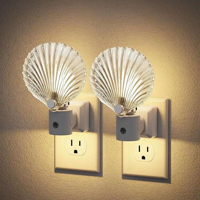JandCase Night Light, Night Lights Plug into Wall, 2 Pack Dusk to Dawn Sensor Seashell Nightlights, 3000K Soft White Brightness Adjustable Nightlight for Kids Bedroom Hallway Kitchen