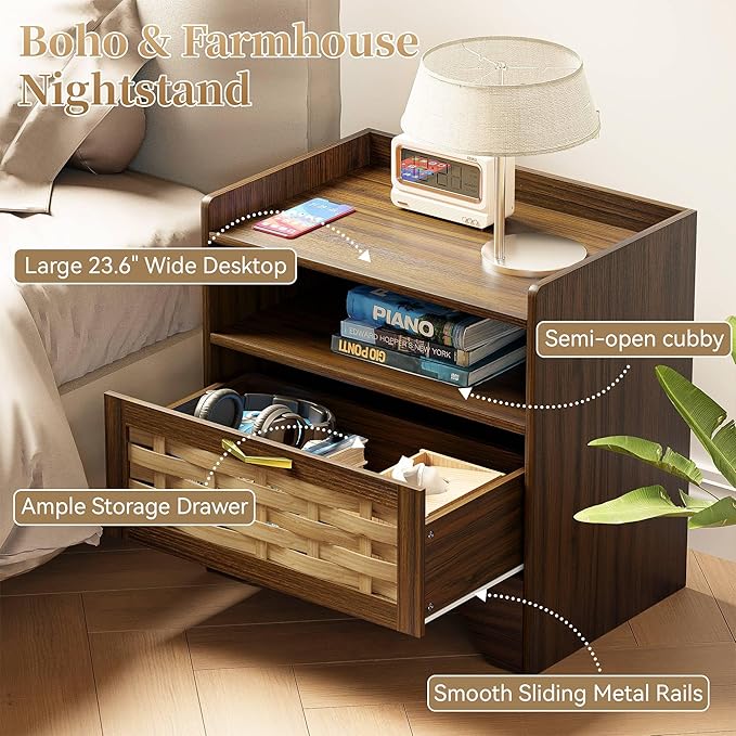 24" Rattan Nightstand Set of 2, Walnut Bedside Table with Semi Open Cubby, Boho Night Stand with Farmhouse Arched Base for Bedroom, Side Table, End Table for Dorm