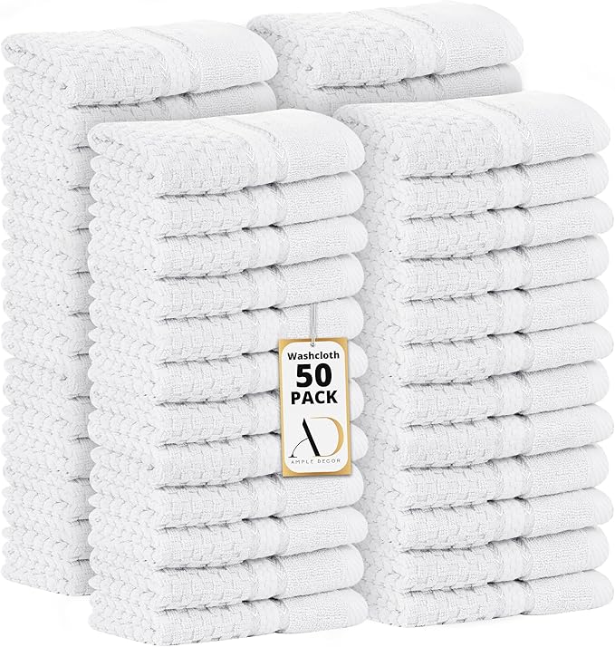 Ample Decor 100% Cotton Washcloths Set of 50 - Highly Absorbent, Popcorn Textured - Mulaayam Collection - White 12 X 12 Inch