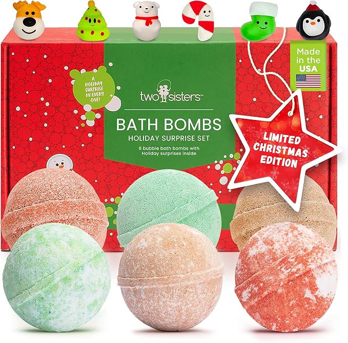 Christmas Bath Bombs for Kids with Surprise Toys Inside (6 Pack) - Holiday Gifts and Stocking Stuffers for Boys and Girls - Bubble Treats with Cheerful Scents, USA Made by Two Sisters