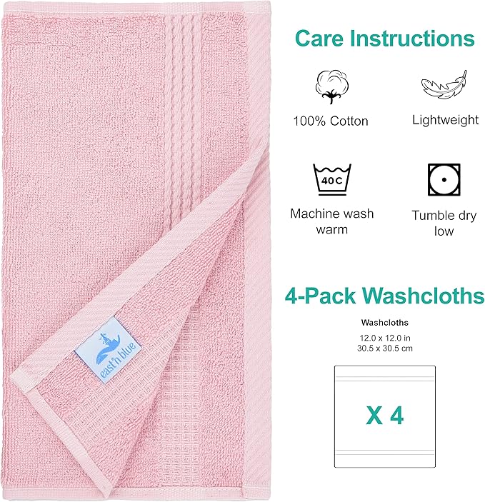 EastNBlue Lara 100% Turkish Cotton Washcloths 4 Pack, Extra Soft & Absorbent Wash Cloths for Face & Body (12" x 12"), Terry Cloth, Small Hand Towels for Bathroom, Rose (Pink)
