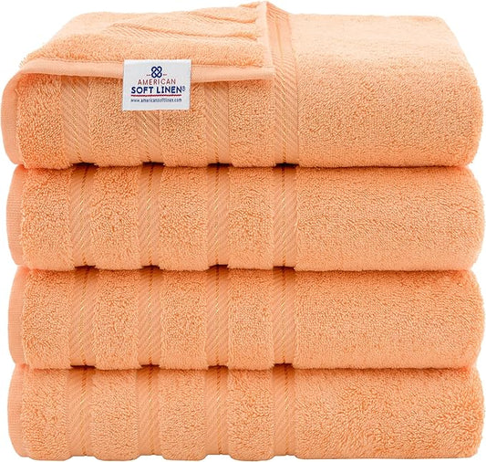 American Soft Linen Luxury 4 Piece Bath Towel Set, 600 GSM 100% Cotton Turkish Bath Towels for Bathroom, 27x54 in Extra Large Bathroom Shower Towels, Malibu Peach