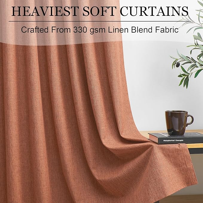 108 Inch Extra Long Blackout Curtains 2 Panels Set, 100% Room Darkening Thermal Insulated Drapes for Living Room & Bedroom, Noise Reducing Linen Textured, Terracotta, Back Tab