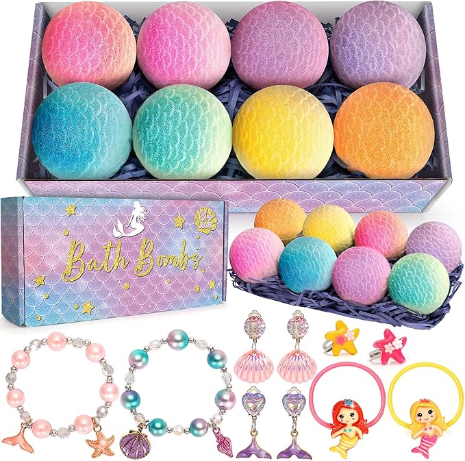 8 Packs Mermaid Bath Bombs for Kids Girls, Bubble Bath Bomb Kit with Surprise Toys Inside, Bath Toys for Kids Aged 4-8, Ideal Birthday Christmas Gifts Stocking Stuffers for Girls 3 4 5 6
