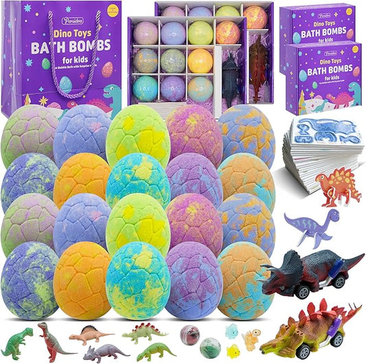 Bath Bombs for Kids with Surprise Toys Inside - 20 Dinosaur Bath Bombs Easter Eggs Gifts, Bubble Bath Fizzers, Kids Bubble Bath with 24pcs Dinosaur Puzzles and 2pcs Car, Boys Easter Basket Stuffers