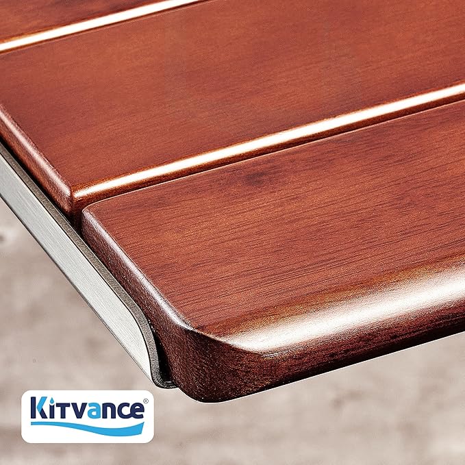 18.4" Folding Teak Shower Seat Wall Mounted – Fold Down Shower Chair, Solid Teak Wood Shower Bench with 304 Stainless Steel Frame, Wall Mount Shower Seat for Senior, Disabled, Bathroom, 400lb Capacity