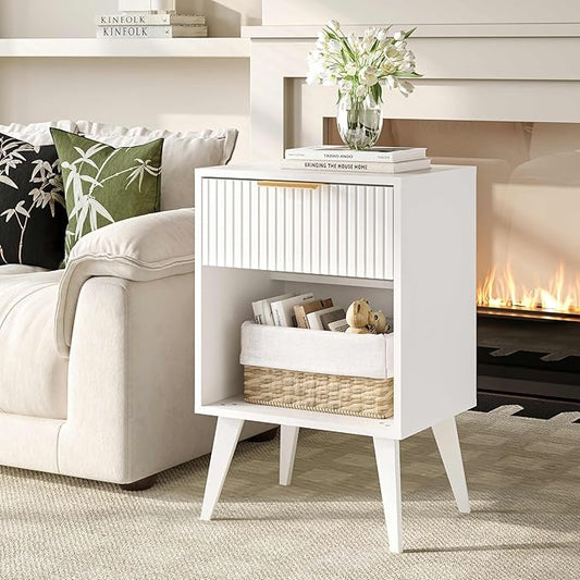 Fluted Night Stand with Opening Storage,Mid Century Bedside Table with Drawer,Modern Nightstand with Solid Wood Legs,End Table Side Table for Living Room,Bedroom,White CTG56W
