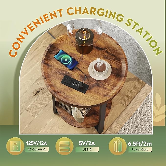 WLIVE Round End Table with Charging Station, 2 Tier Side Table for Living Room/Bedroom, Round Nightstand with Storage Shelf, Small Spaces, Wood Tabletop & Metal Frame, Rustic Brown