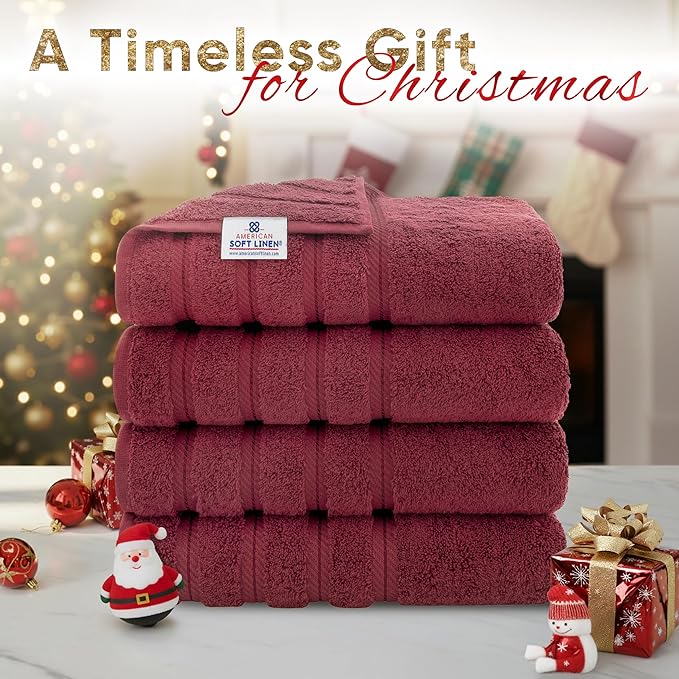 American Soft Linen Luxury 4 Piece Bath Towel Set, 600 GSM 100% Cotton Turkish Bath Towels for Bathroom 27x54 in Extra Large Bathroom Shower Towels, Bordeaux Red