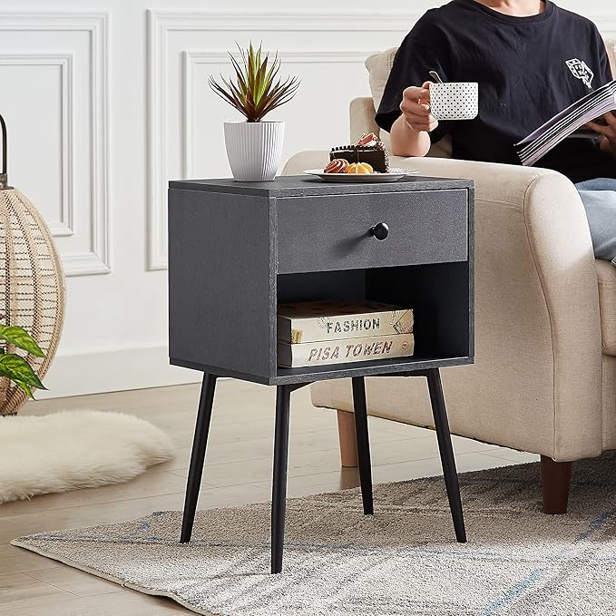 VECELO Nightstands Set of 2, Mid Century Modern End Bedside Table, Night Stand with Storage Drawer and 2 Tiers Open Shelf for Small Place, Bedroom, Living Room, Easy Assembly, Grey