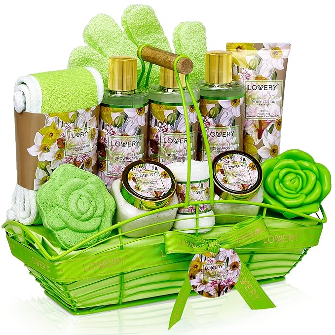 Christmas Gifts, Home Spa Gift Baskets For Women, Bath and Body Gift Basket, Magnolia & JasmineHome Spa Set, Fragrant Lotions, Bath Bomb, Towel, Shower Gloves, Green Wired Bread Basket & More,13Pcs