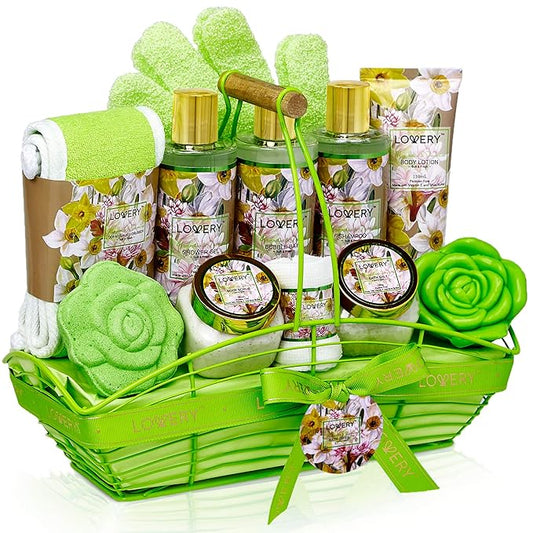 Christmas Gifts, Home Spa Gift Baskets For Women, Bath and Body Gift Basket, Magnolia & JasmineHome Spa Set, Fragrant Lotions, Bath Bomb, Towel, Shower Gloves, Green Wired Bread Basket & More,13Pcs