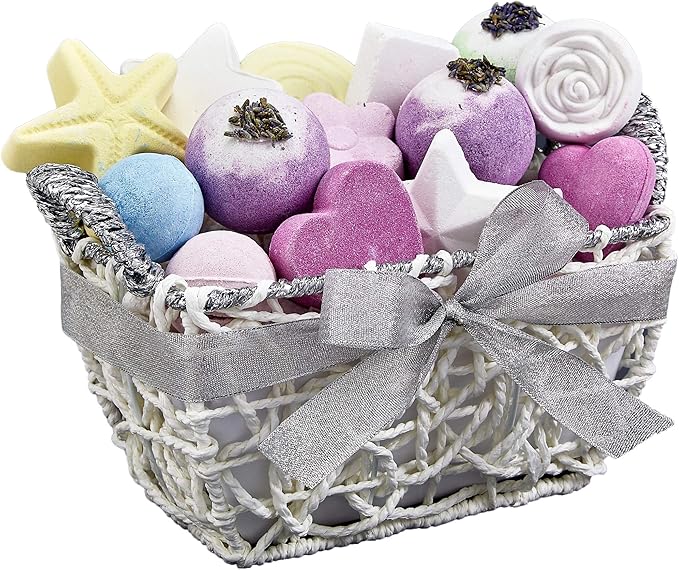Bath Bombs Gift Set for Women, 17 Large Bath Fizzies in Assorted Colors, Shapes & Scents, Bath and Body Spa Set with Shea & Coco Butter, Ultra Rich Spa Set in Handmade Weaved Basket