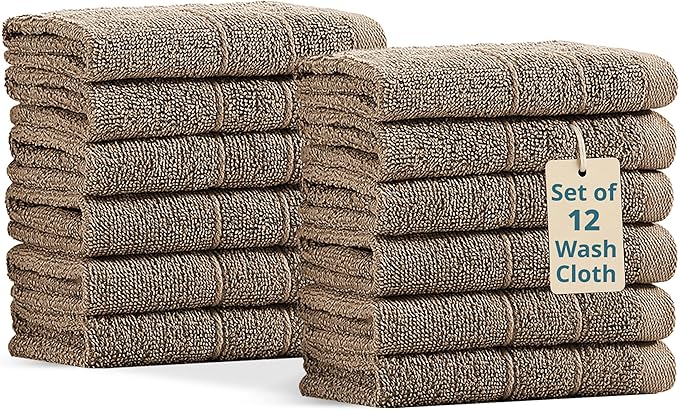Casa Platino Washcloths 12 Pack - Spa & Salon Quality - 100% Ring Spun Mercerized Cotton Face Towels - Very Soft & Absorbent Wash Cloths for Body, Beauty, Home, Gym - Fingertip Towels - 13"x13", Taupe