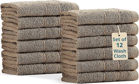 Casa Platino Washcloths 12 Pack - Spa & Salon Quality - 100% Ring Spun Mercerized Cotton Face Towels - Very Soft & Absorbent Wash Cloths for Body, Beauty, Home, Gym - Fingertip Towels - 13"x13", Taupe