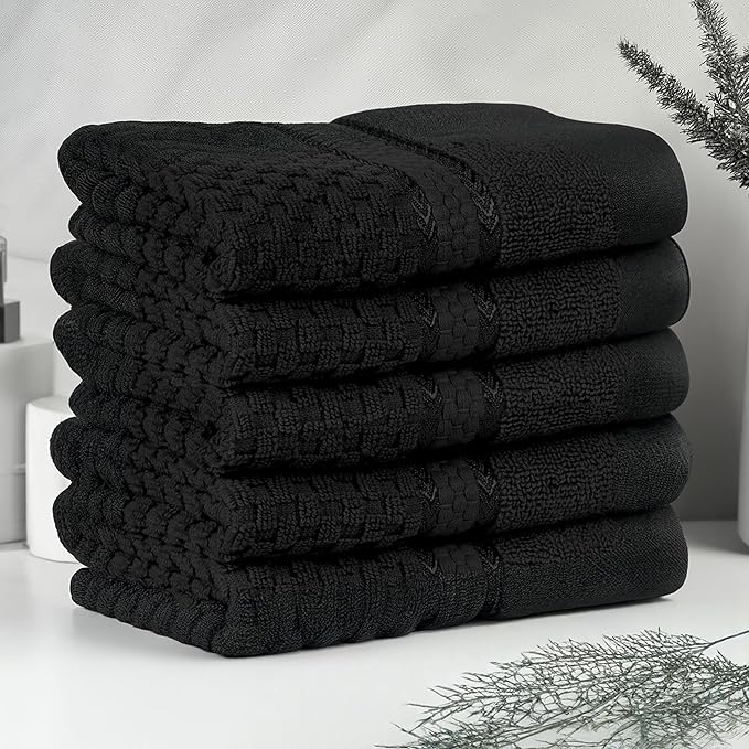 Ample Decor Wash Cloth Set of 5 100% Cotton - Popcorn Textured - Mulaayam Collection - Black 12 X 12 Inch