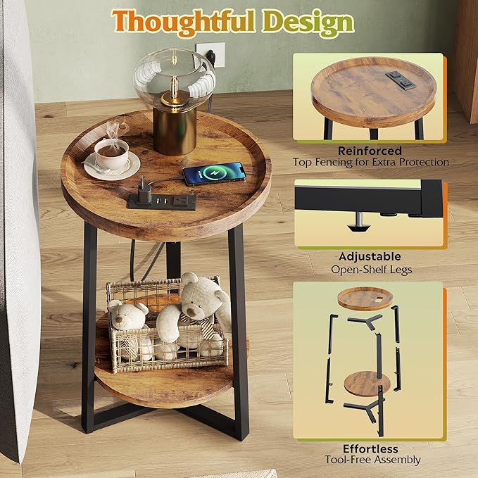 WLIVE Round End Table with Charging Station, 2 Tier Side Table for Living Room/Bedroom, Round Nightstand with Storage Shelf, Small Spaces, Wood Tabletop & Metal Frame, Rustic Brown