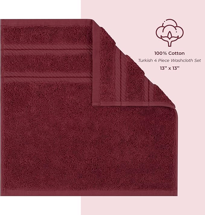American Soft Linen Luxury Washcloths for Bathroom, 600 GSM 100% Cotton 4 Piece Turkish Wash Cloth Set, 13x13 in Soft Rags for Body and Face, Bordeaux Washcloths