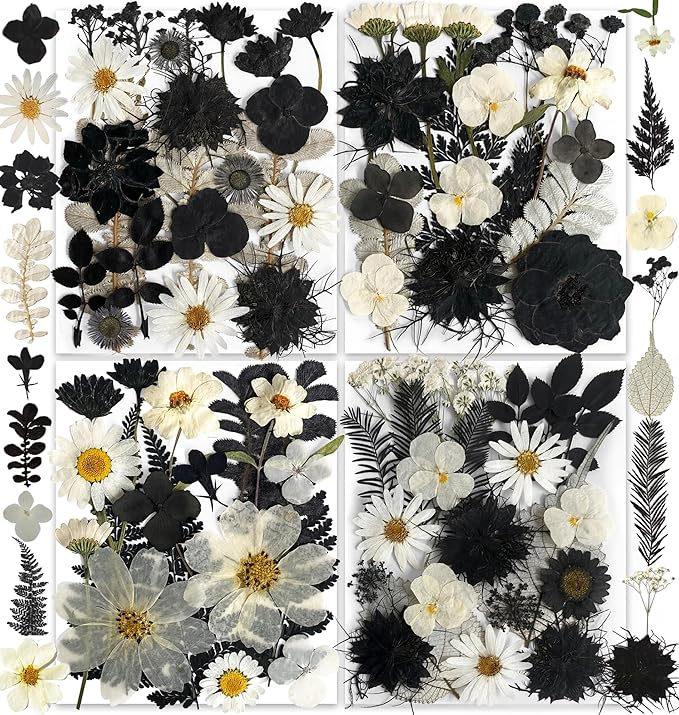 131PCS Black White Dried Pressed Flowers with Butterfly Stickers - YouthBro Real Nature Flowers Craft Set for Craft Resin DIY Jewelry Candle Soap Making Nail Card Scrapbook Art Floral Decors