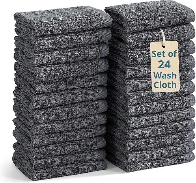 Casa Platino Wash Cloths Set of 24- Spa & Salon Quality - 100% Ring Spun Cotton Face Towels - Soft & Ultra Absorbent Washcloths for Body, Beauty, Home, Gym - Fingertip Towels - 13"x13", Cool Grey