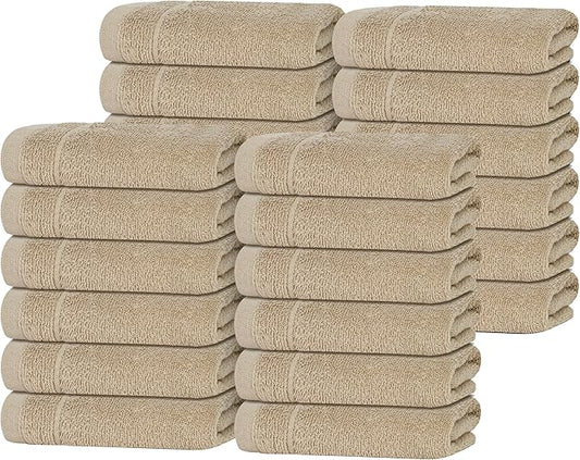 Tens Towels Pack of 24 Washcloths, 12 x 12 Inches, Lighter Weight, Quick to Dry, Super Soft & Absorbent, Gentle Face Towels, Hotel Quality, Perfect for Bathroom, Gym, Spa (Beige, 24 Pack)