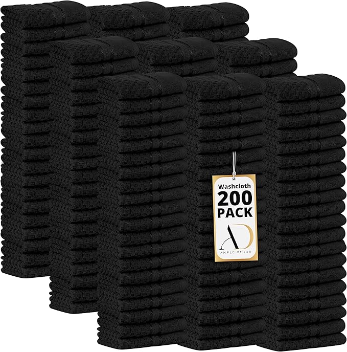 Ample Decor Washcloth Set of 200 Black 100% Cotton - Qucik Dry Popcorn Textured - Mulaayam Collection - 12 X 12 Inch