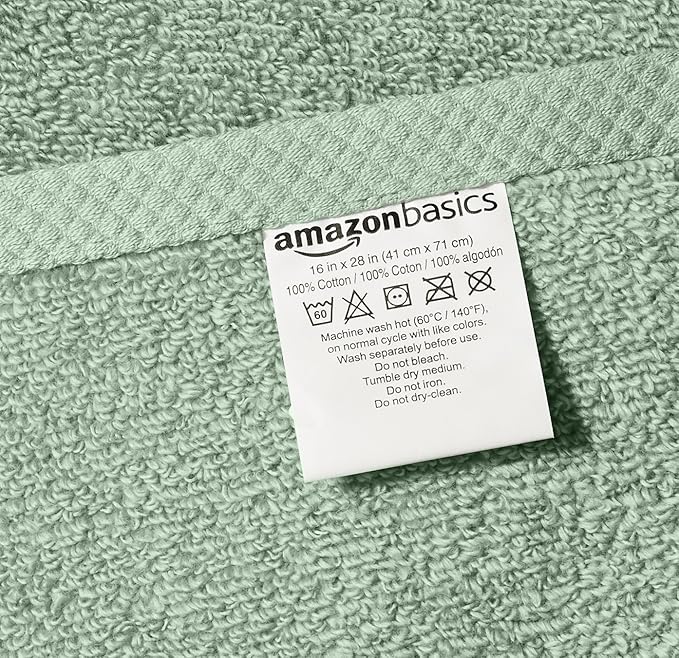 Amazon Basics Quick-Dry Hand Towels - 100% Cotton, 8-Pack, 28 x 16 inches, Seafoam Green
