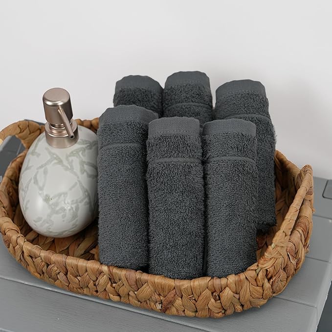 Tens Towels Pack of 24 Washcloths, 12 x 12 Inches, Lighter Weight, Quick to Dry, Super Soft & Absorbent, Gentle Face Towels, Hotel Quality, Perfect for Bathroom, Gym, Spa (Dark Grey, 24 Pack)