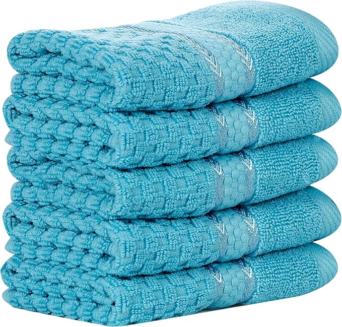 Ample Decor Sky Blue Wash Cloth Set of 5 100% Cotton - Quick Dry, Highly Absorbent, Popcorn Textured - Mulaayam Collection - 12 X 12 Inch