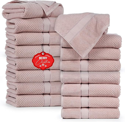 Ample Decor Bath Towels for Bathroom Set of 16 100% Cotton Popcorn Textured, Machine Washable - Soft Pink - 30 X 54 Inch