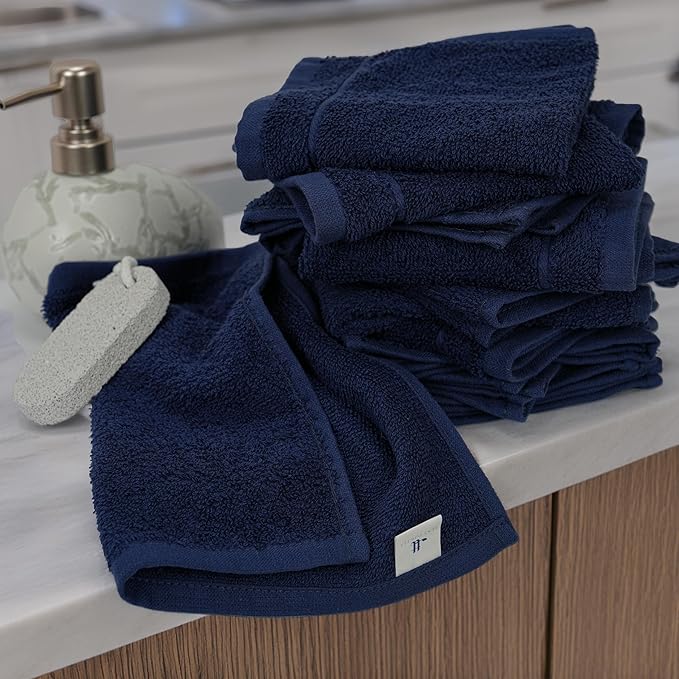 Tens Towels Pack of 24 Washcloths, 12 x 12 Inches, Lighter Weight, Quick to Dry, Super Soft & Absorbent, Gentle Face Towels, Hotel Quality, Perfect for Bathroom, Gym, Spa (Navy, 24 Pack)