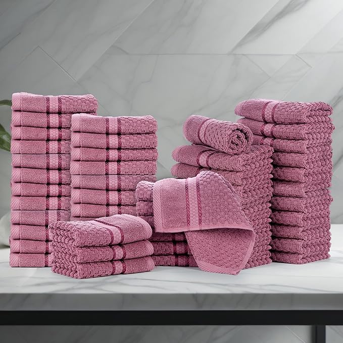 Ample Decor 100% Cotton Washcloths Set of 50 - Highly Absorbent, Popcorn Textured - Mulaayam Collection - Grape Purple 12 X 12 Inch