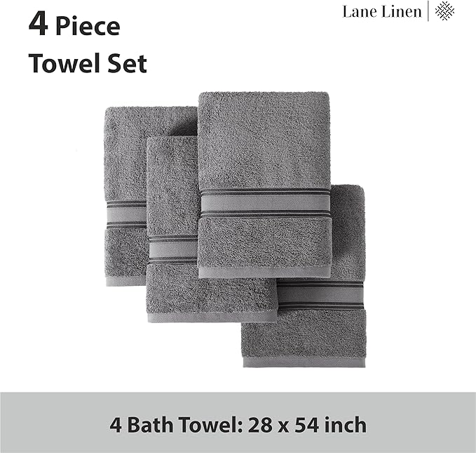 LANE LINEN 100% Cotton 4 Pack Bath Towels Set (28"x54") - Zero Twist, Large Cotton Towels for Bathroom - Quick Dry, Soft & Absorbent Bath Towel Set - Remains Soft After Multiple Washes - Cool Grey