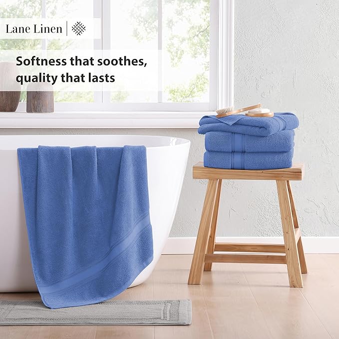LANE LINEN 100% Cotton 4 Pack Bath Towels (28"x54") - Zero Twist, Mercerized Cotton Bathroom Towels Set - Quick Dry, Soft & Absorbent Large Bath Towels - Machine Wash in Cold Water - Cerulean Blue