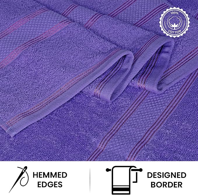 Casa Lino Bath Towel Set of 8 (2 Bath Towels, 4 Wash Cloths & 2 Hand Towels for Bathroom) - 100% Cotton - Highly Absorbent & Quick Dry - Guest Room Essentials for Bathroom Set - (Purple)