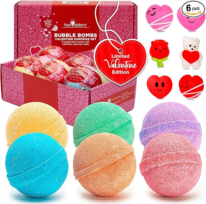 Valentines Bath Bombs for Kids with Surprise Heart Toys Inside (6 Pack) - Bubble Bath, USA Made, Kids Safe Ingredients, Fruity Scents, Gifts for Kids & Women by Two Sisters