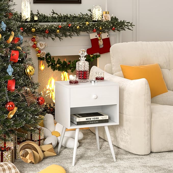 VECELO Nightstands Set of 2, Mid Century Modern End Bedside Table, Night Stand with Storage Drawer and 2 Tiers Open Shelf for Small Place, Bedroom, Living Room, Easy Assembly, Pure White