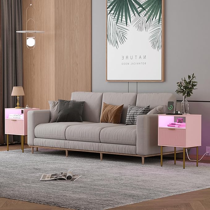 Modern Nightstand with Charging Station and LED Lights, White Bedside Table with Drawer, Fluted Side Table for Living Room, Bedroom