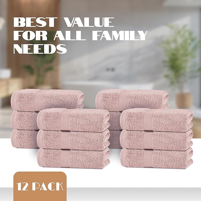 White Classic Pink Hand Towels for Bathroom [12 Pack] Cotton Hand Towel Bulk for Gym, Kitchen and Spa, 16x27 Inches Soft Highly Absorbent Quick Dry Terry Salon Towels