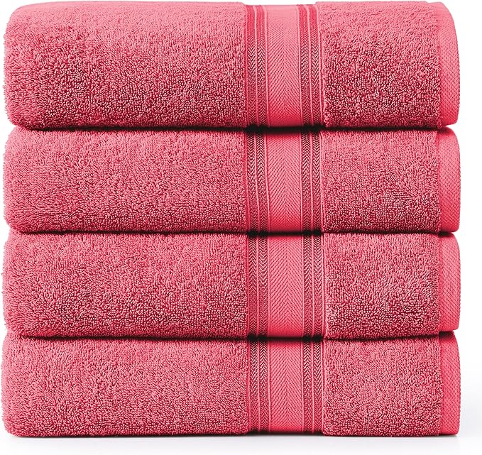 Lane Linen 100% Cotton Large Bath Towels Set of 4 (28"x54") - Zero Twist, Mercerized Cotton Bathroom Towel Sets - Quick Dry, Soft & Absorbent Large Towels Set - Dorm Essentials for Girls - Honeysuckle