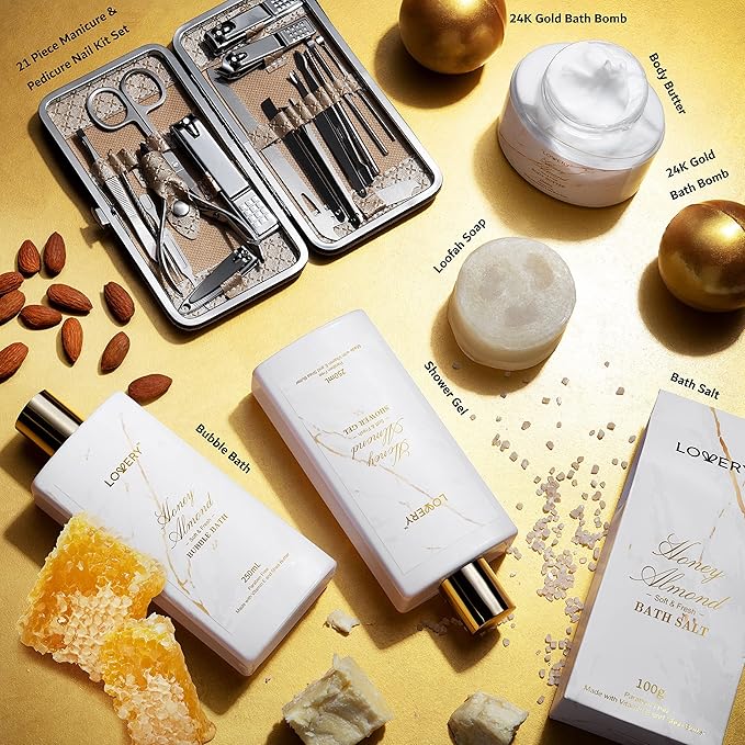 Christmas Gifts for Mom, Gift Basket, Spa Gifts For Women, 31Pc Self Care Kit, Stress Relief Gift, Birthday, Thank You, Honey Almond Bath and Body Gift - Toiletry Bag, Nail Kit, Bath Bombs & More