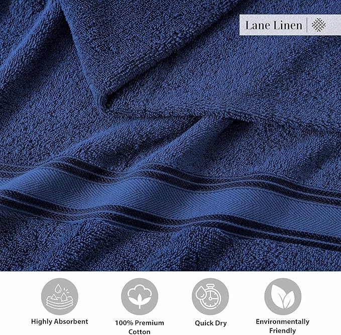 LANE LINEN 100% Cotton 4 Pack Bath Towels (28"x54") - Zero Twist, Mercerized Cotton Towels Set for Bathroom - Quick Dry, Soft & Absorbent Large Bath Towel Set - Dorm Essentials for Boys - Navy Blue