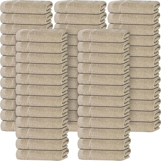 Tens Towels Pack of 60 Washcloths, 12 x 12 Inches, Lighter Weight, Quick to Dry, Super Soft & Absorbent, Gentle Face Towels, Hotel Quality, Perfect for Bathroom, Gym, Spa (Beige, 60 Pack)