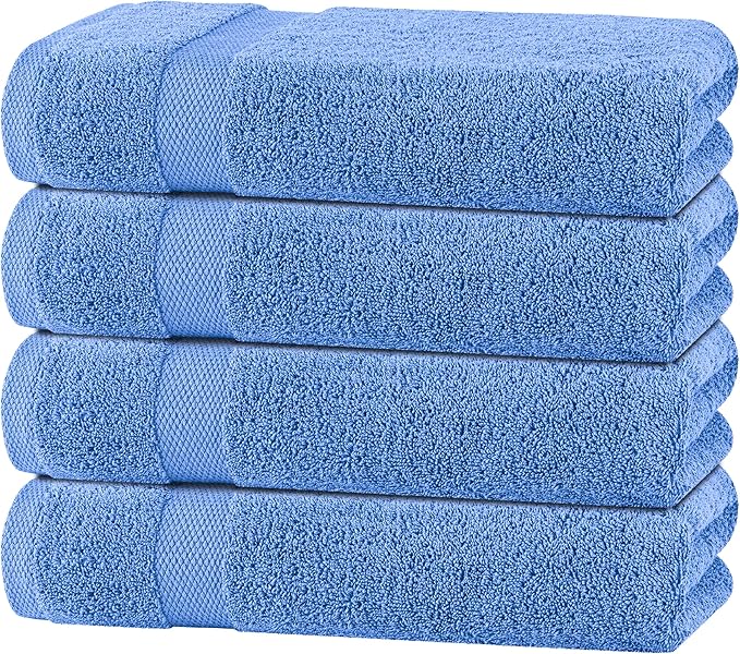 White Classic Light Blue Bath Towels 27x54 Inch, Cotton Towel Set for Bathroom, Hotel, Gym, Spa, Soft Extra Absorbent Quick Dry 4 Pack